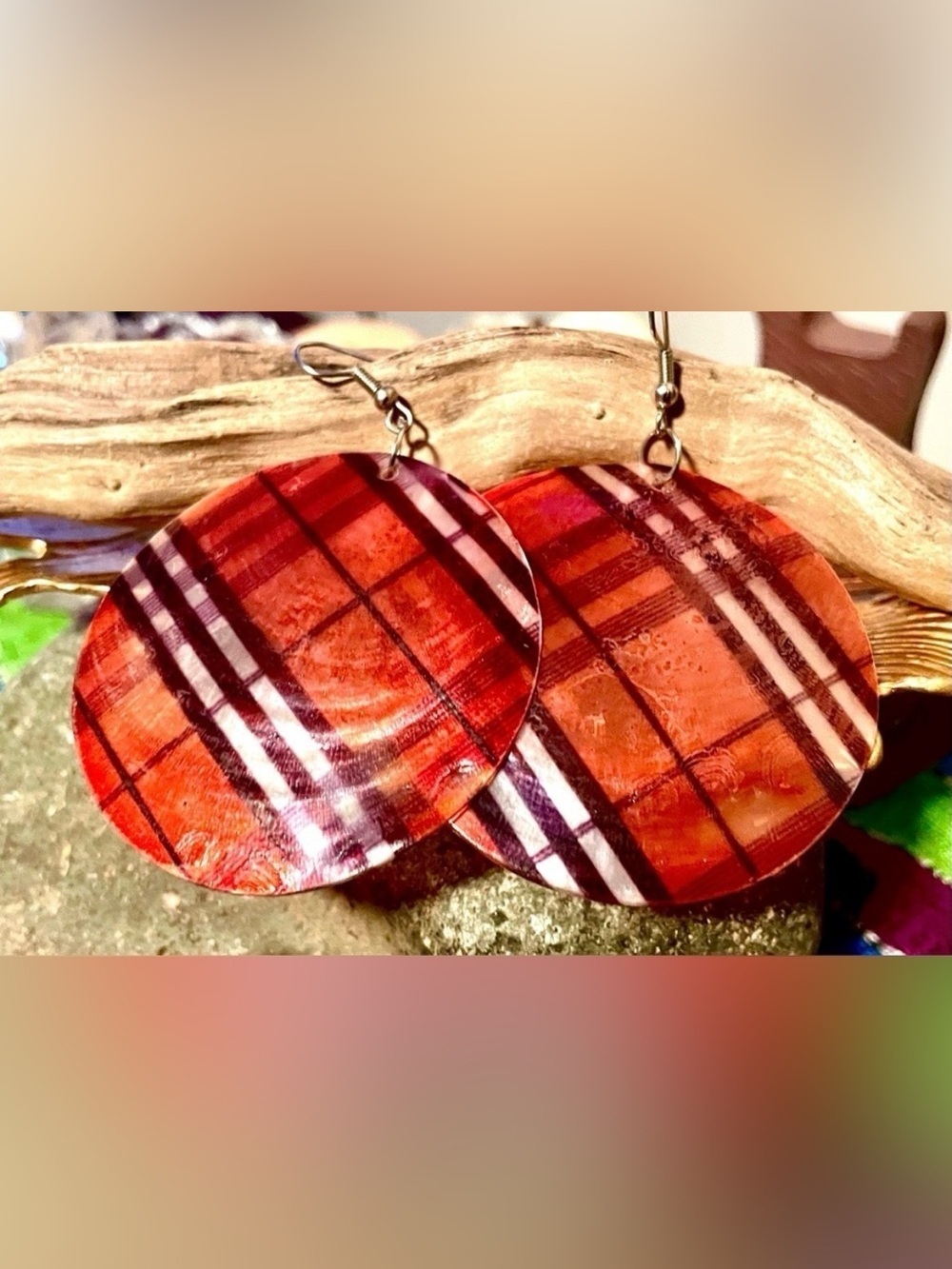 Hand Painted Capiz Shell Earrings Red Plaid|Large Lightweight Statement|Autumn